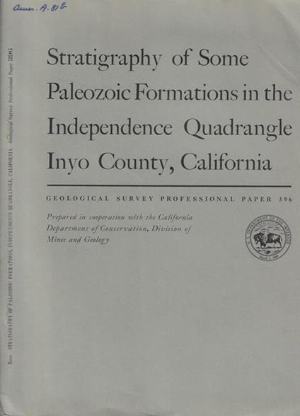 Stratigraphy of Some Paleozoic Formations in the Independence Quadrangle Inyo Country, California - Ross McDonald - copertina