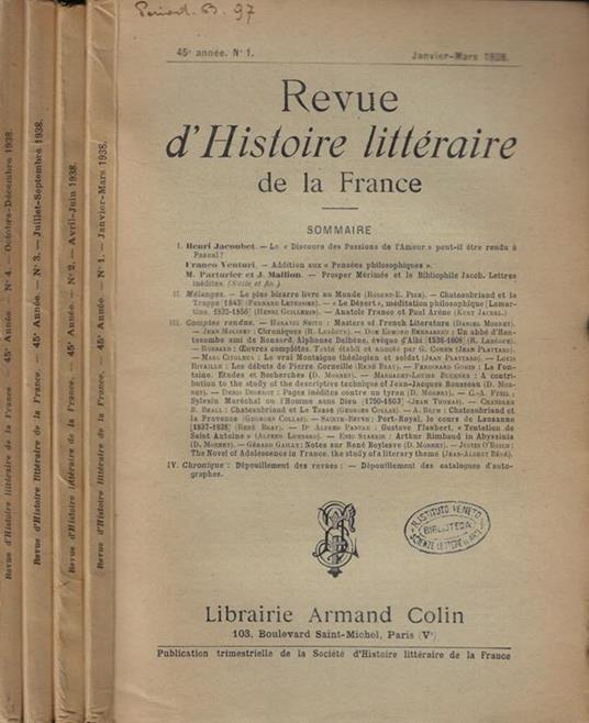 Revue d'Histoire litteraire de la France Anno 1938 - copertina