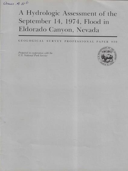 A hydrologic assessment of the september 14, 1974, flood in Eldorado Canyon, Nevada - copertina