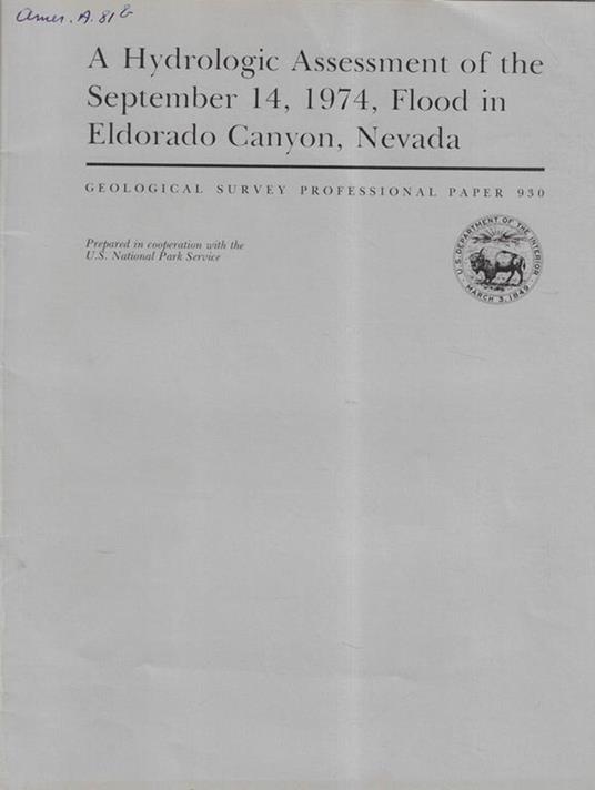 A hydrologic assessment of the september 14, 1974, flood in Eldorado Canyon, Nevada - copertina