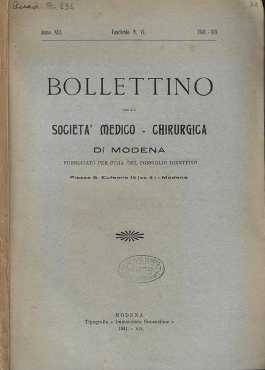 Bollettino della Società Medico-Chirurgica di Modena Anno 1941 n. VI - copertina