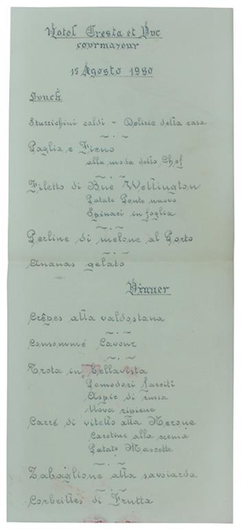 MENU MANOSCRITTO SU CARTA USO PERGAMENA - Courmayeur, Hotel Cresta et Roc, 15 Agosto 1980. - copertina