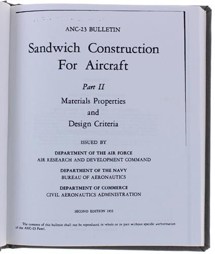 SANDWICH CONSTRUCTION FOR AIRCRAFT. Part II: Materials Properties and Design Criteria. ANC-23 BULLETIN. 2nd edition 1955 - copertina