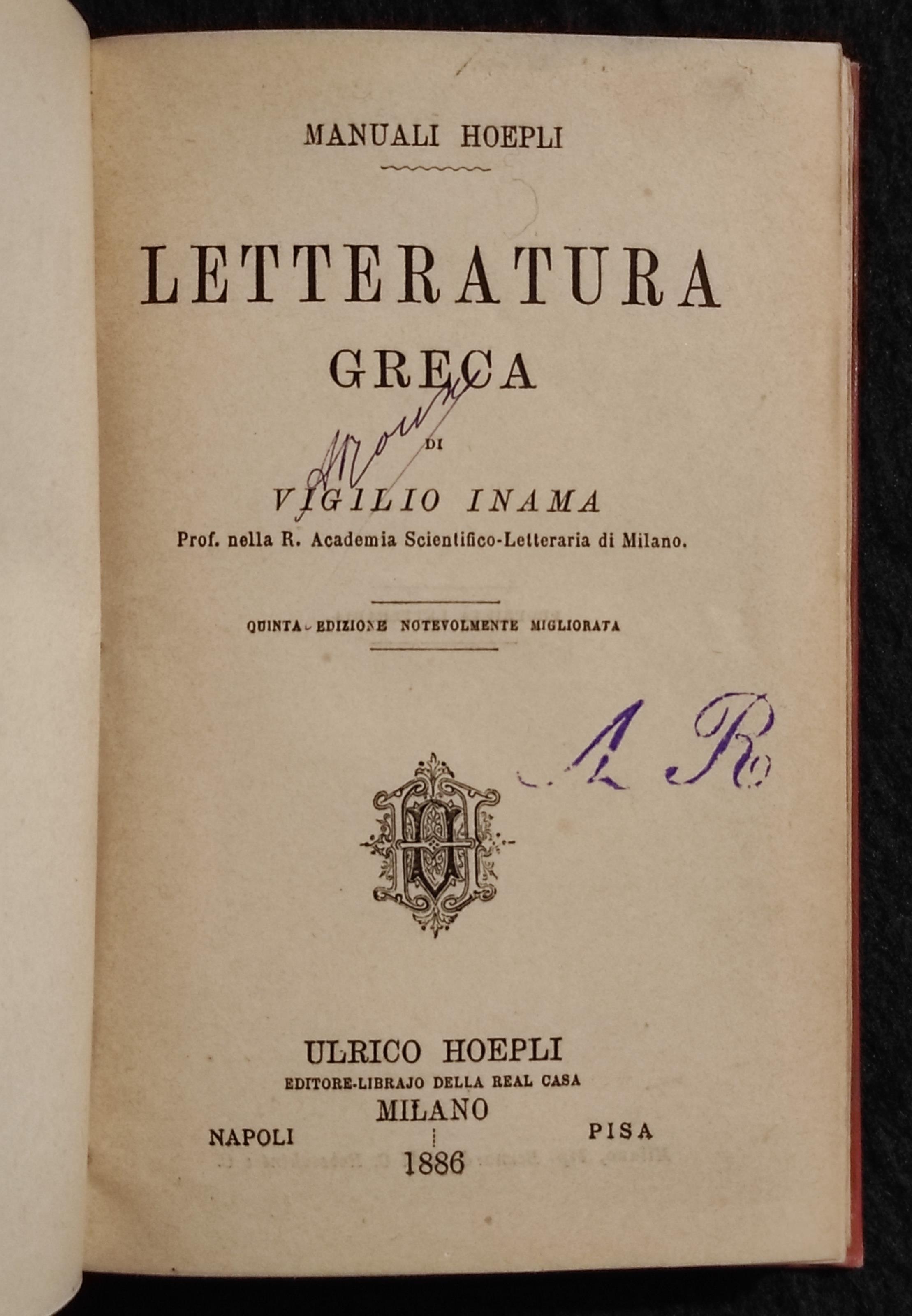 Lettura Greca - V. Inama - Manuali Hoepli - 1886