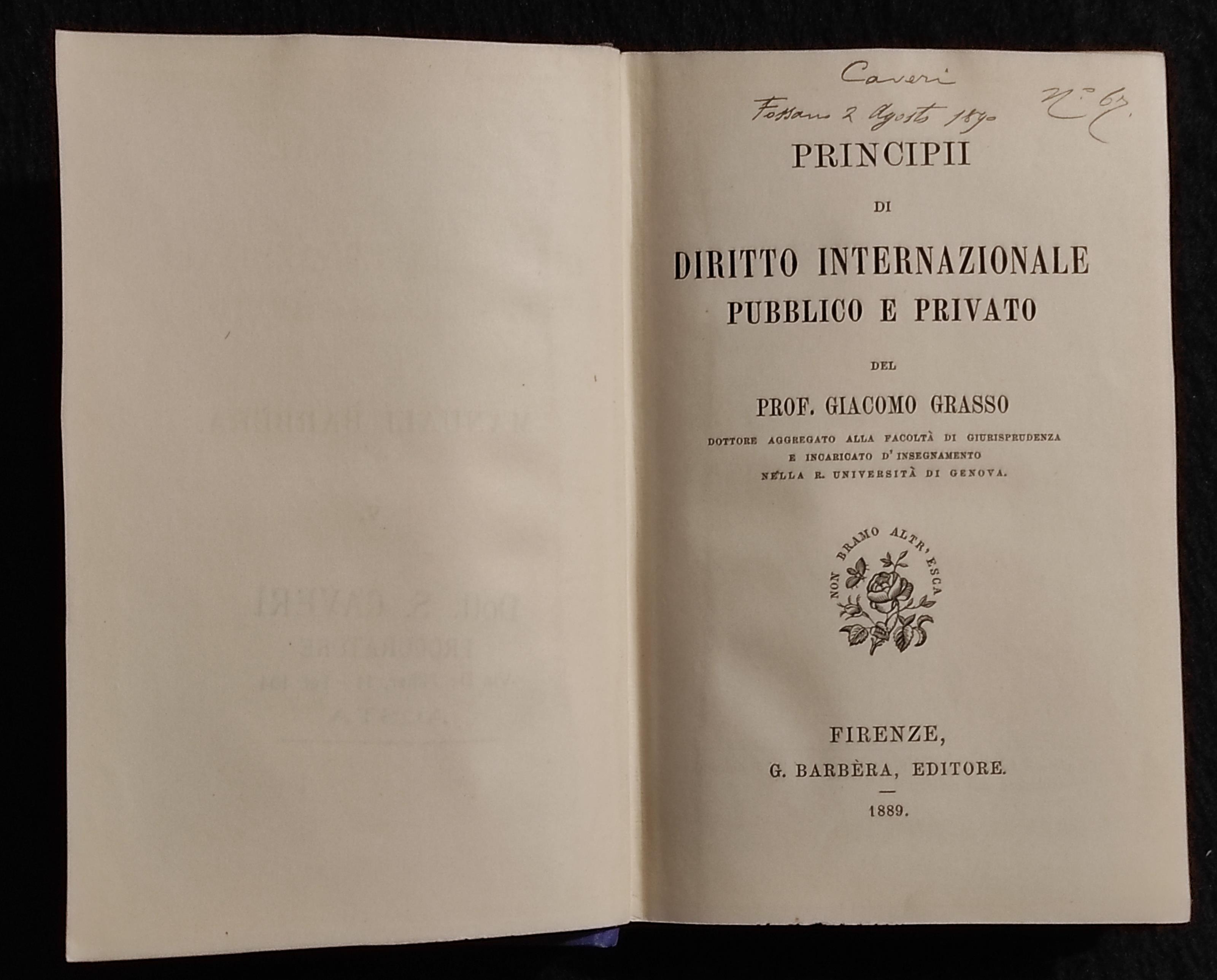 Principii di Diritto Internazionale Pubblico e Privato - G. Grasso - Barbera - 1889