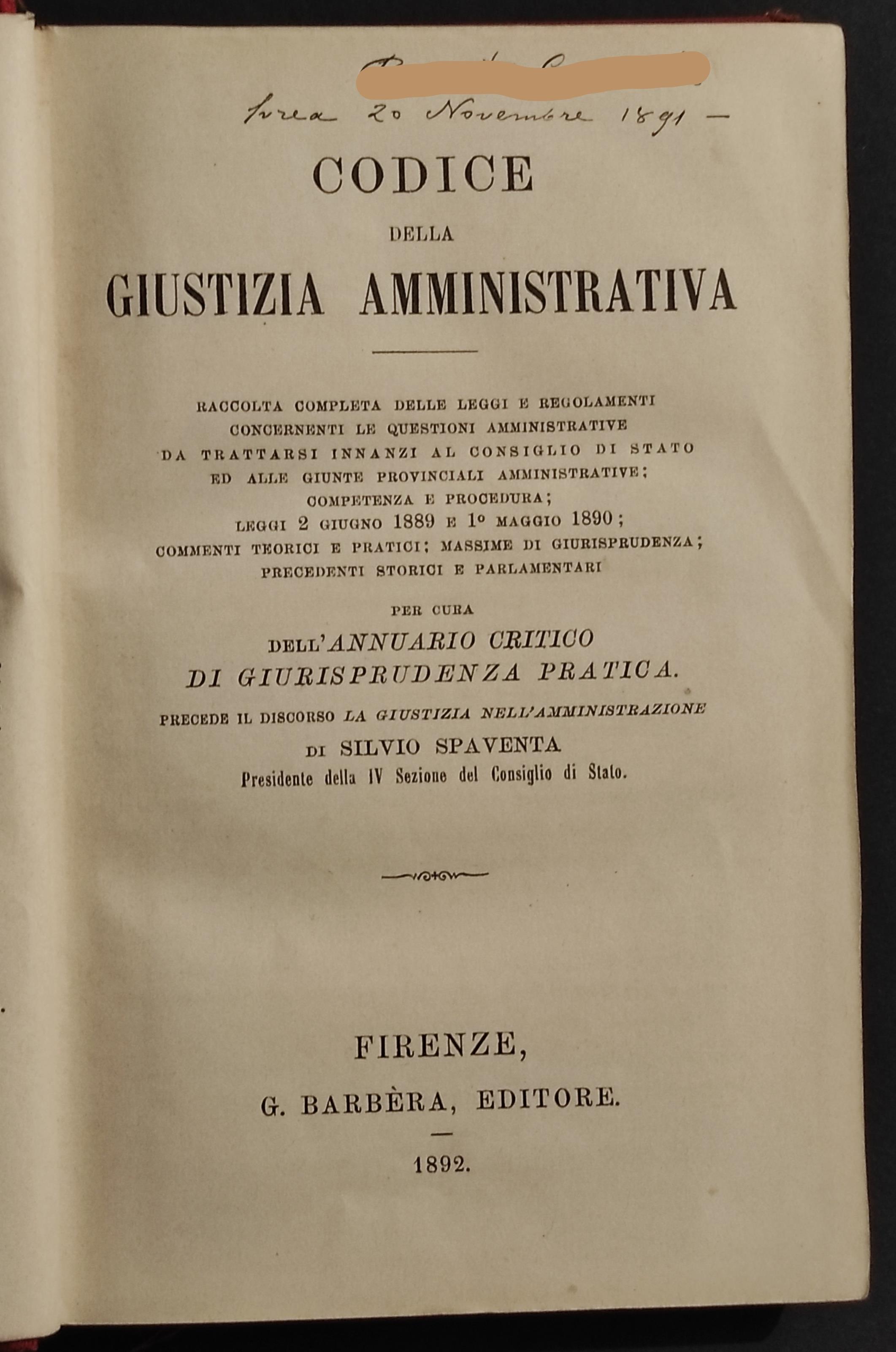 Codice della Giustizia Amministrativa - Ed. G. Barbèra - 1892