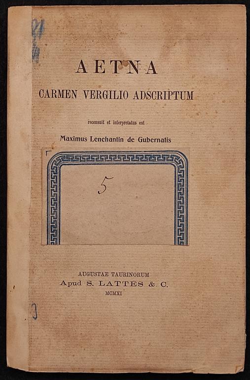 Aetna - Carmen Vergilio Adscriptum - M. L. De Gubernatis - Lattes - 1911 - copertina