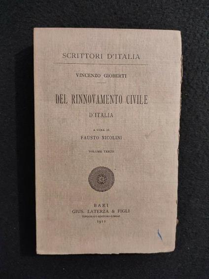 Scrittori d'Italia - Del Rinnovamento Civile d'Italia - Laterza - 1912 - Vol III - Vincenzo Gioberti - copertina