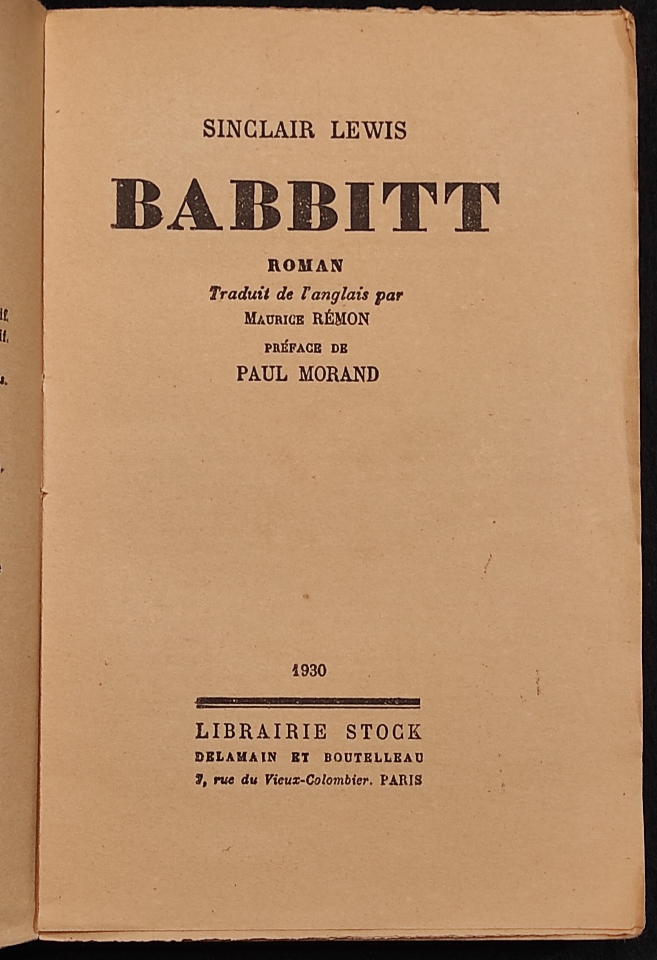 Babbitt - S. Lewis - Librairie Stock - 1930