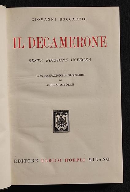 Il Decamerone - G. Boccaccio - Ed. Hoepli - 1951 - Giovanni Boccaccio - copertina