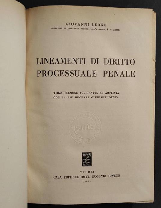Lineamenti di Diritto Processuale Penale - G. Leone - Ed. Jovene - 1954 - Giovanni Leone - copertina
