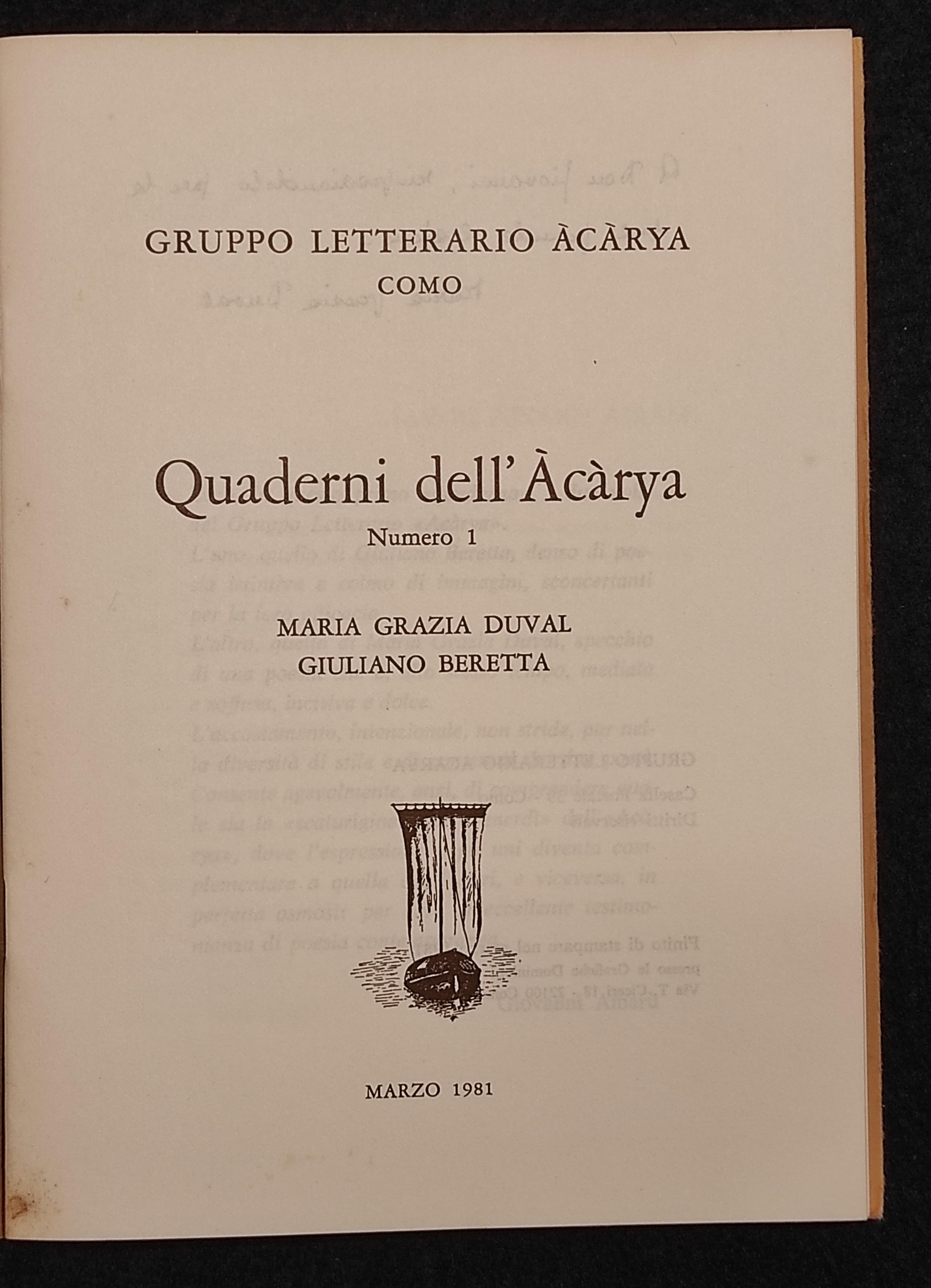 Quaderni dell'àcàrya 1 - M. G. Duval, G. Beretta - 1981 - Autografi