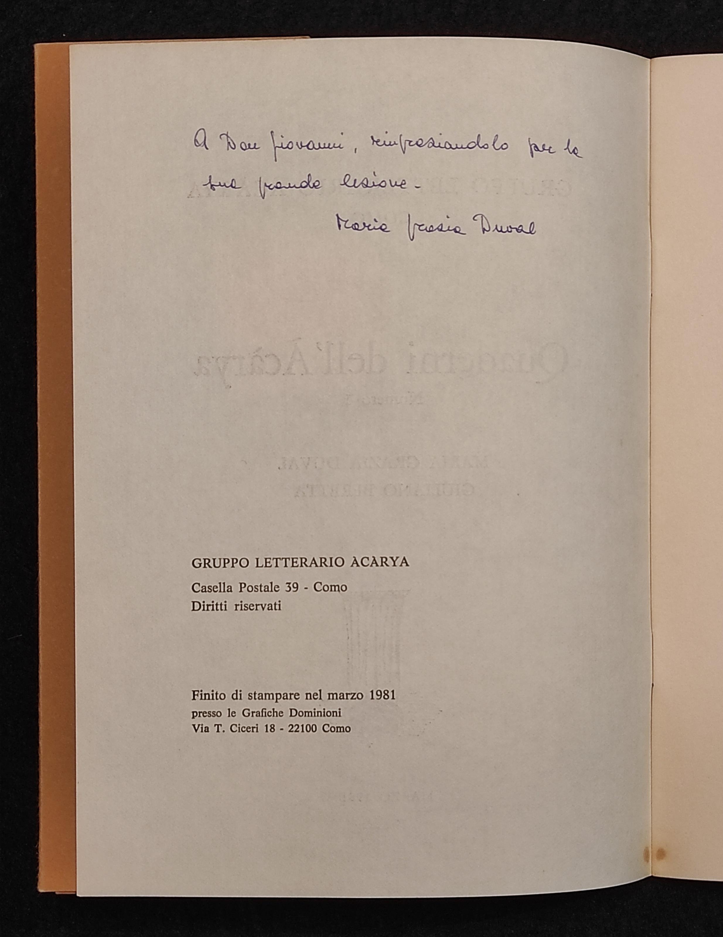 Quaderni dell'àcàrya 1 - M. G. Duval, G. Beretta - 1981 - Autografi