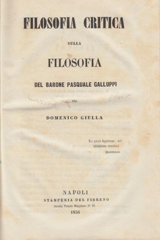 Filosofia critica sulla filosofia - Pasquale Galluppi - copertina