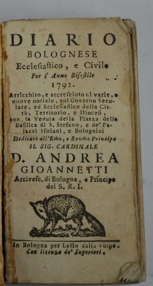 Diario bolognese ecclesiastico, e civile per l'Anno Bisestile 1792 - copertina