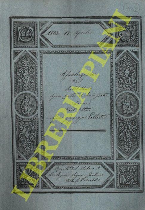 Assoluzione per tre predi posti in parte nel Comune di Sabbiuno di Piano ed in parte in quello di Saliceto, denominati “Palazzo” , “Capino” e “Forno” - Antonio Conte - copertina