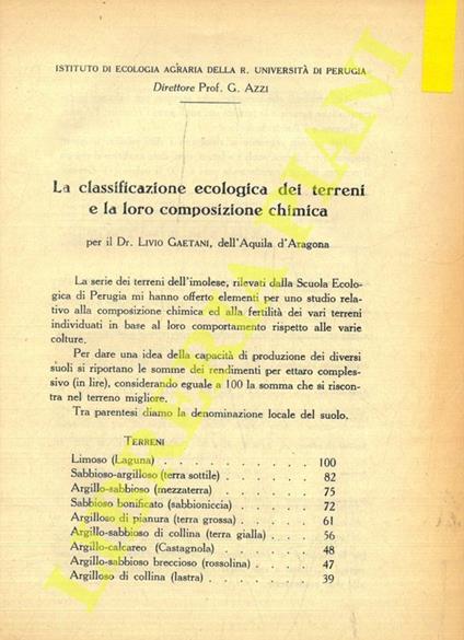 La classificazione ecologica dei terreni e la loro composizione chimica - Livio Gaeta - copertina