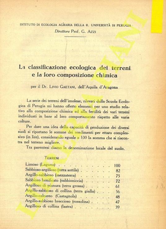 La classificazione ecologica dei terreni e la loro composizione chimica - Livio Gaeta - copertina