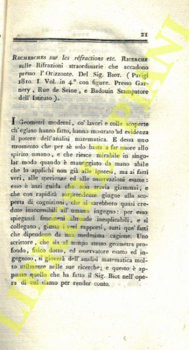Recherches sur les réfractions etc. Ricerche sulle Rifrazioni straordinarie che accadono presso l'Orizzonte. Del Sig. Biot (Parigi 1810 presso Garnery) - Francois Biot - copertina