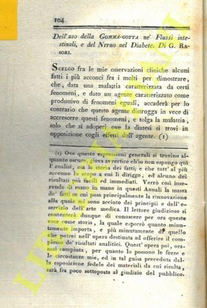Dell'uso della Gomma-gotta ne' Flussi intestinali, e del Nitro nel Diabete - G. Ristori - copertina