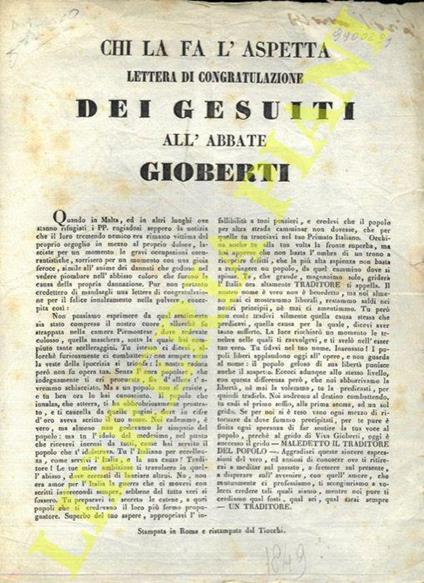 Chi la fa l'aspetta. Lettera di congratulazione dei Gesuiti all'Abbate Gioberti - copertina
