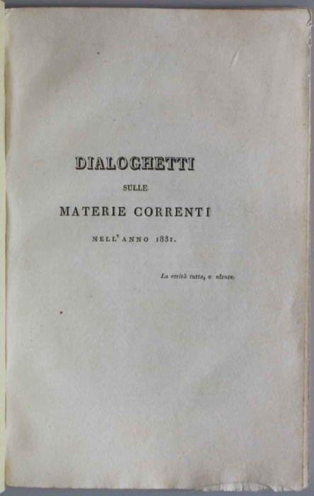 Dialoghetti sulle materie correnti nell'anno 1831. Il viaggio di pulcinella - Monaldo Leopardi - copertina
