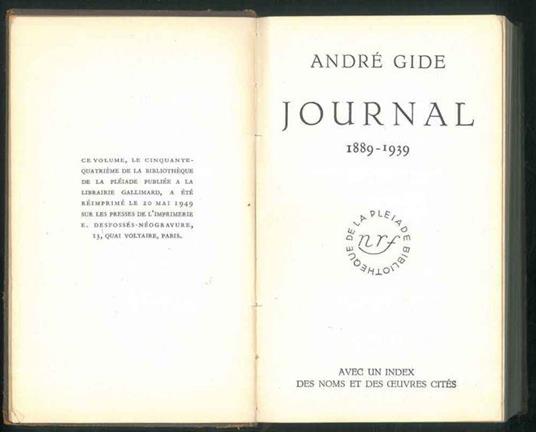 Journal 1889-1939. Avec un index des noms et des ouvres cités - André Gide - copertina