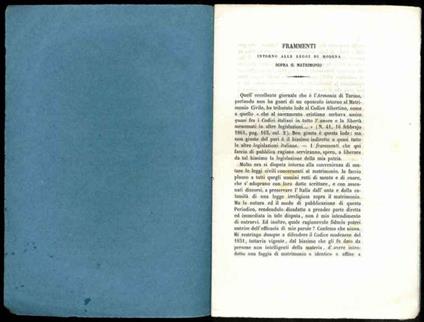 Frammenti intorno alle leggi di Modena sopra il matrimonio. Estratto dal Tomo IX degli Opuscoli religiosi, Letterarj e Moralj - B. Veratti - copertina