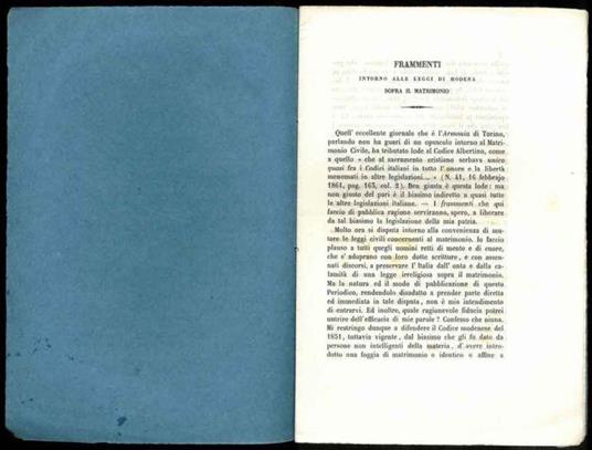 Frammenti intorno alle leggi di Modena sopra il matrimonio. Estratto dal Tomo IX degli Opuscoli religiosi, Letterarj e Moralj - B. Veratti - copertina