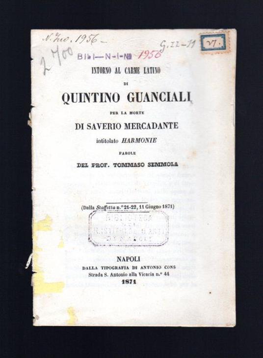 Intorno al Carme latino di Quintino Guanciali per la morte di Saverio Mercadante intitolato Armonie - copertina