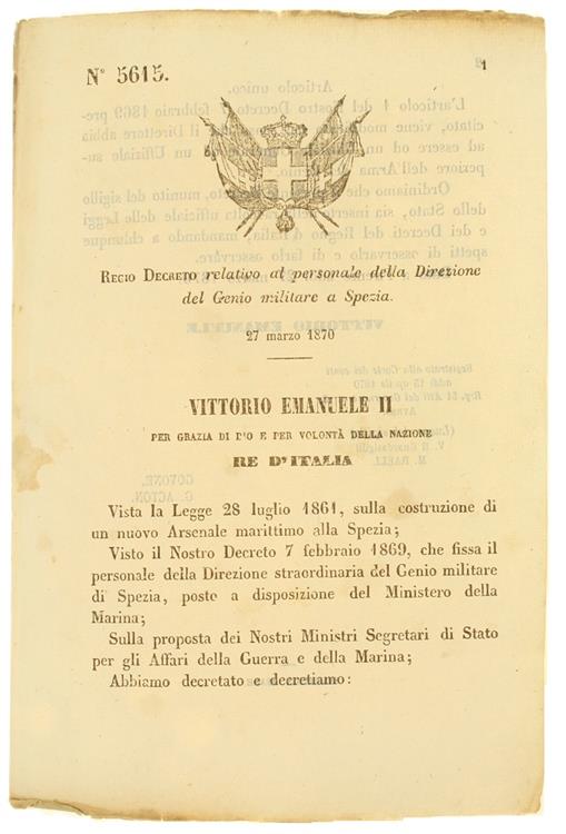 Regio Decreto 27 Marzo 1870: Raltivoa Al Personale Della Direzione Del Genio Militare A Spezia (Documento Originale) - Vittorio Emanuele Ii - copertina