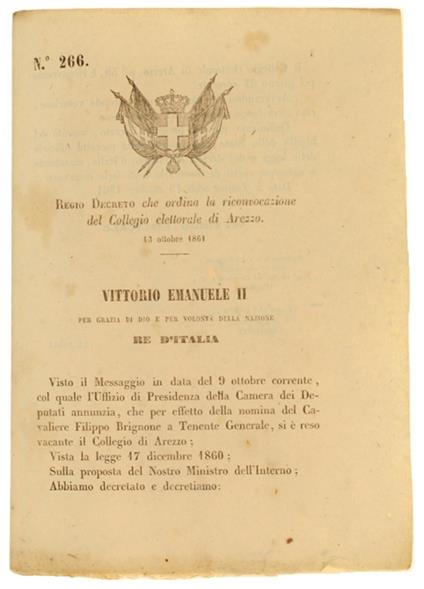 Regio Decreto 13 Ottobre 1861: Orian La Riconvocazione Del Collegio Elettorale Di Arezzo (Documento Originale) - copertina