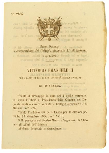 Regio Decreto 9 Aprile 1866: Convocazione Del Collegio Elettorale 1° Di Messina (Documento Originale) - copertina