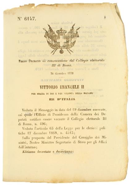 Regio Decreto 24 Dicembre 1870: Convocazione Del Collegio Elettorale Iii Di Roma (Documento Originale) - copertina