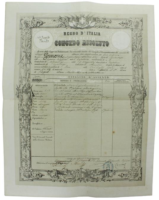 Congedo Assoluto Per Fine Di Ferma 1871 16° Regg.To Fanteria - copertina