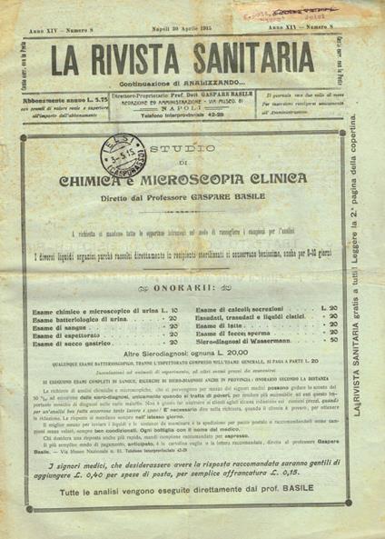 La rivista sanitaria. Continuazione di analizzando…N.8, 30 aprile 1915 - Gaspare Basile - copertina