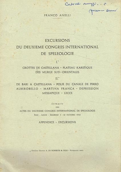 Excursions du deuxieme congres international de speleologie - Franco Anelli - copertina