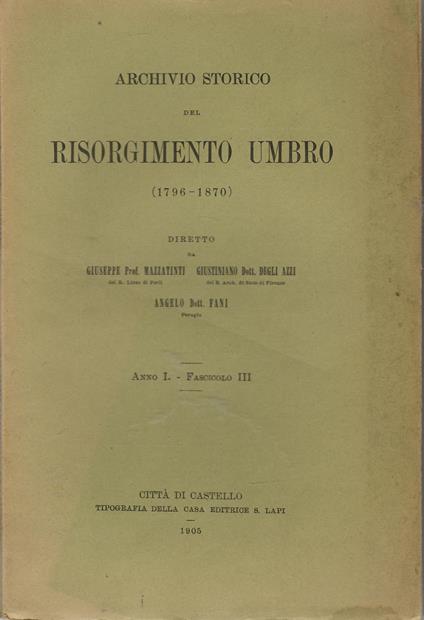 ARCHIVIO STORICO DEL RISORGIMENTO UMBRO (1796-1870) Anno I Fascicolo III - copertina