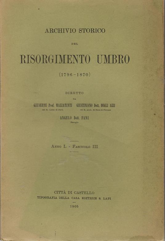 ARCHIVIO STORICO DEL RISORGIMENTO UMBRO (1796-1870) Anno I Fascicolo III - copertina