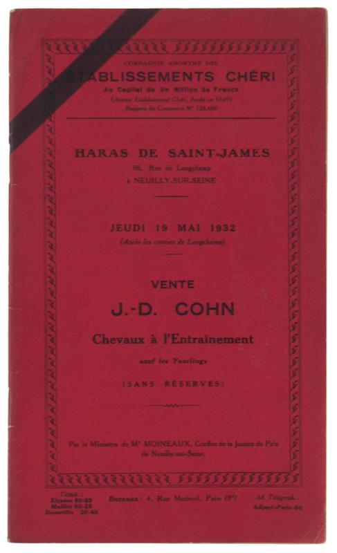 VENTE J.-D. COHN. CHEVAUX A L'ENTRAINEMENT Sauf les Yearlings (sans réserves). Jeudi 19 mai 1932 - copertina