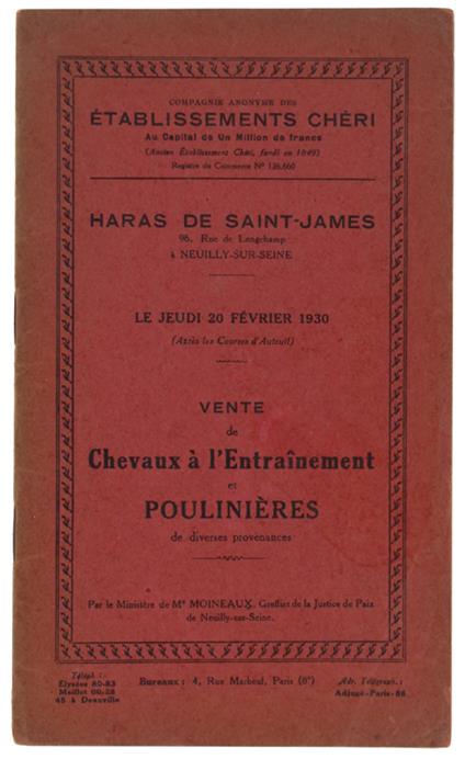 VENTE DE CHEVAUX A L'ENTRAINEMENT ET POULINIERES Jeudi 20 février 1930 - copertina