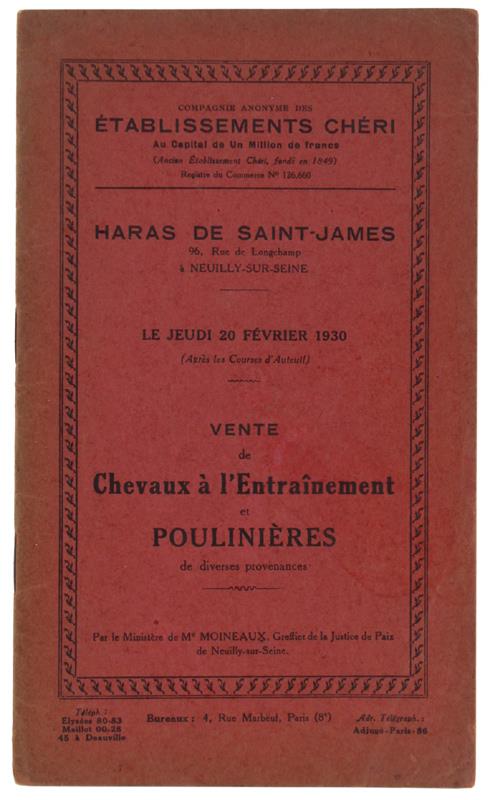 VENTE DE CHEVAUX A L'ENTRAINEMENT ET POULINIERES Jeudi 20 février 1930 - copertina