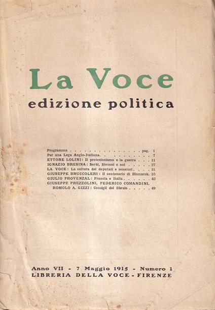 La Voce. Edizione politica - anno VII, n. 1, 7 maggio 1915 - copertina
