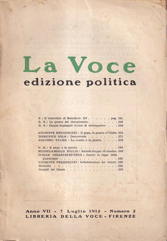La Voce. Edizione politica - anno VII, n. 5, 7 luglio 1915 - copertina
