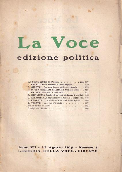La Voce. Edizione politica - anno VII, n. 8, 22 agosto 1915 - copertina