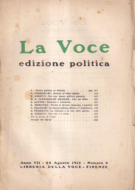 La Voce. Edizione politica - anno VII, n. 8, 22 agosto 1915 - copertina