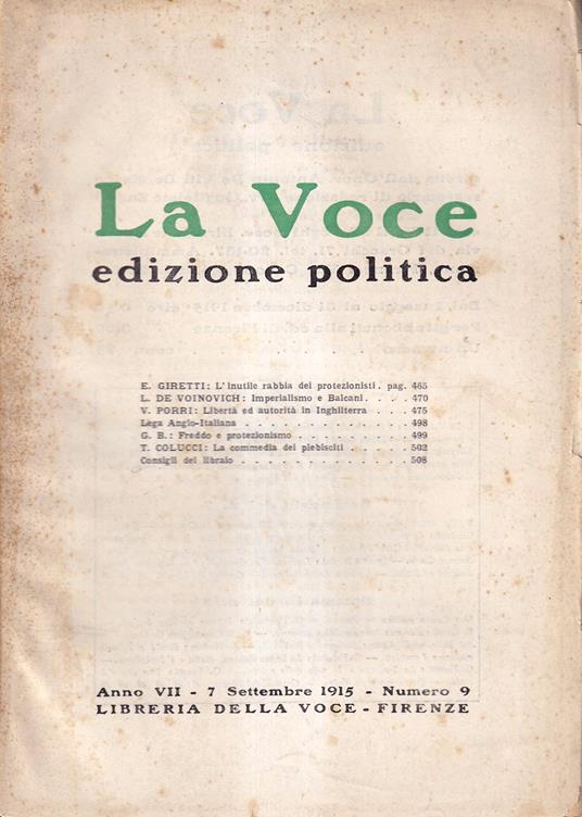 La Voce. Edizione politica - anno VII, n. 9, 7 settembre 1915 - copertina