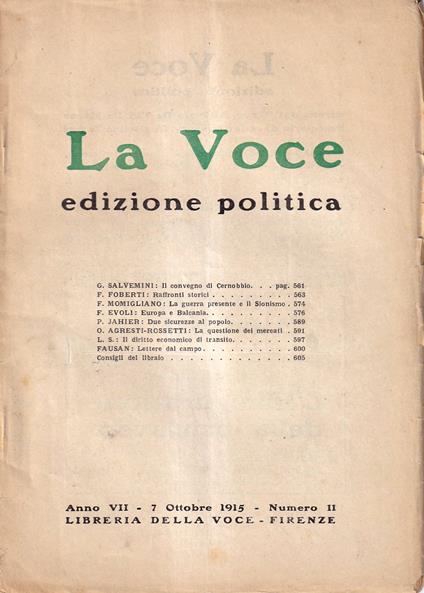 La Voce. Edizione politica - anno VII, n. 11, 7 ottobre 1915 - copertina