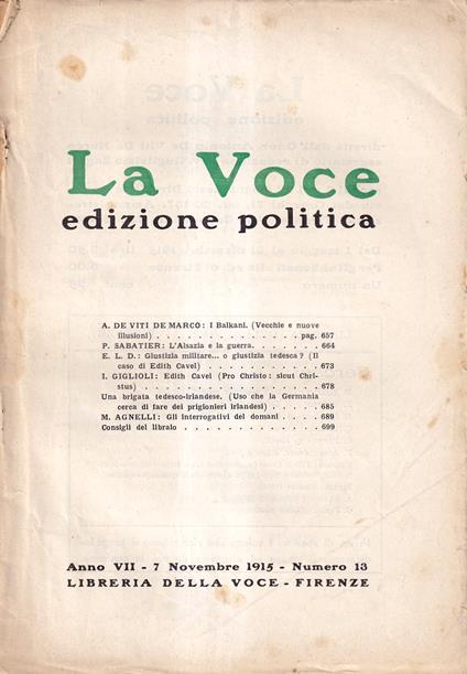 La Voce. Edizione politica - anno VII, n. 13, 7 novembre 1915 - copertina
