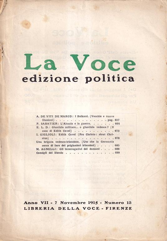 La Voce. Edizione politica - anno VII, n. 13, 7 novembre 1915 - copertina